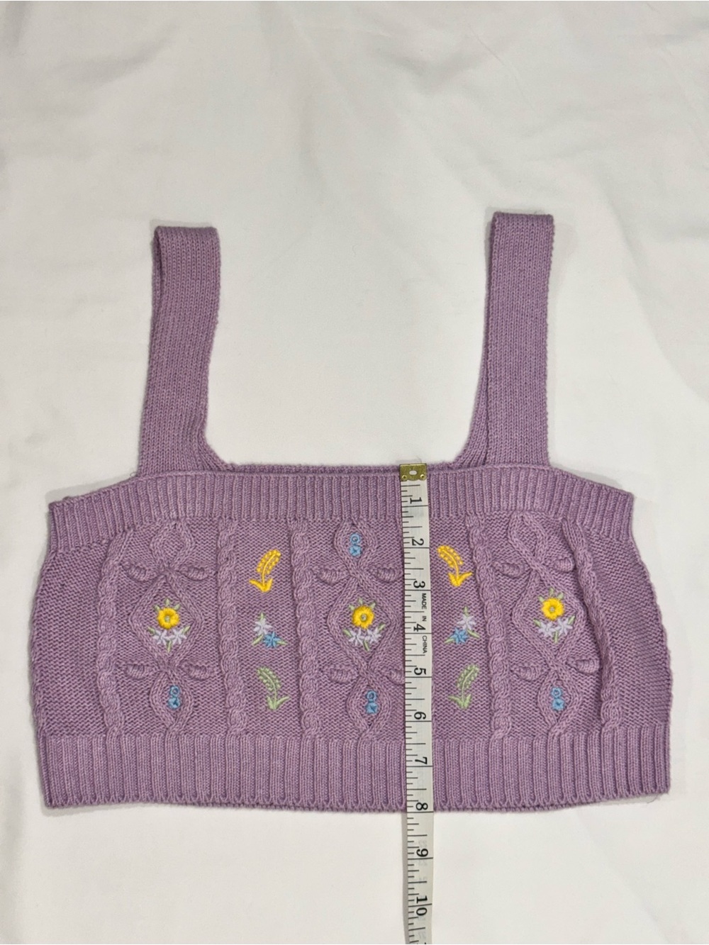 ZARA Lilac Cable Knit Cropped Sweater Tank Embroidered Flowers Boho Cottagecore - Picture 7 of 7